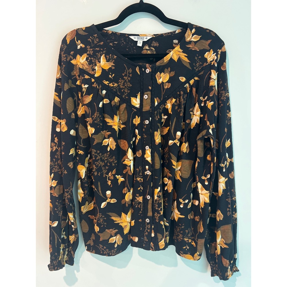 FatFace Womens Floral Button Down Blouse Black Mustard Gold Lace Trim Size US 12